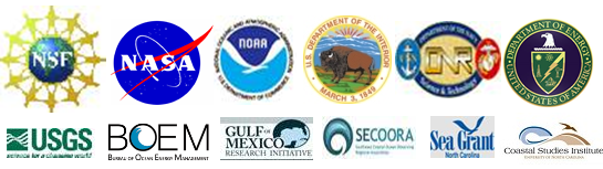 [logos of sponsors: NSF, NASA, NOAA, DOI,ONR, DOE, USGS, BOEM, Gulf of Mexico Research Initiative, SECOORA, Sea Grant NC, and UNC Coastal Studies Institute]